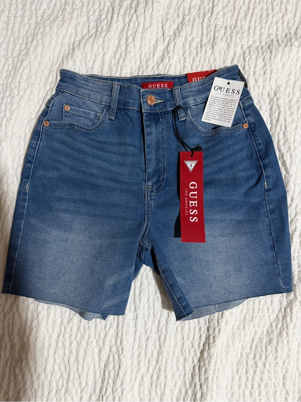 GUESS Women's Blue Denim Jean Shorts with Red Brand Tag